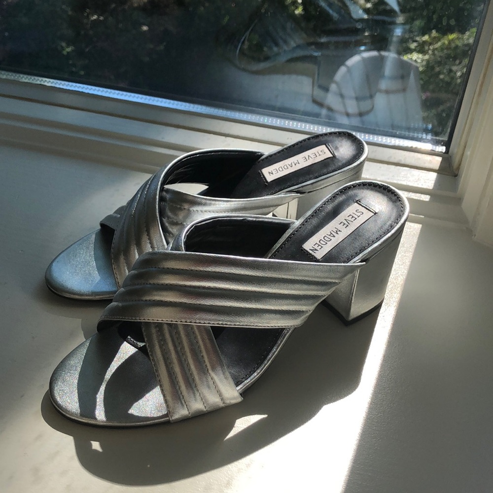 Silver metallic sandal with 2 inch chunky heel